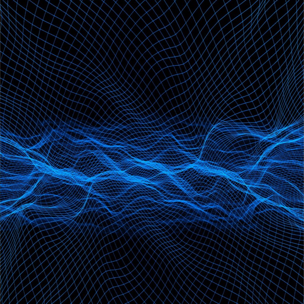 A digital abstract image showing a flowing blue grid pattern on a black background, resembling energy waves or electrical currents. The interconnected blue lines create a sense of movement and depth, symbolising frequency, energy, or data transmission.