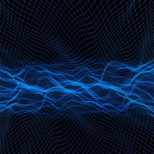 A digital abstract image showing a flowing blue grid pattern on a black background, resembling energy waves or electrical currents. The interconnected blue lines create a sense of movement and depth, symbolising frequency, energy, or data transmission.