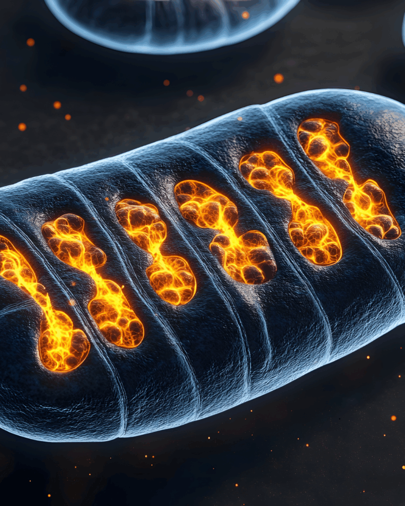 Close-up 3D illustration of mitochondria showing glowing inner structures representing cellular energy production.