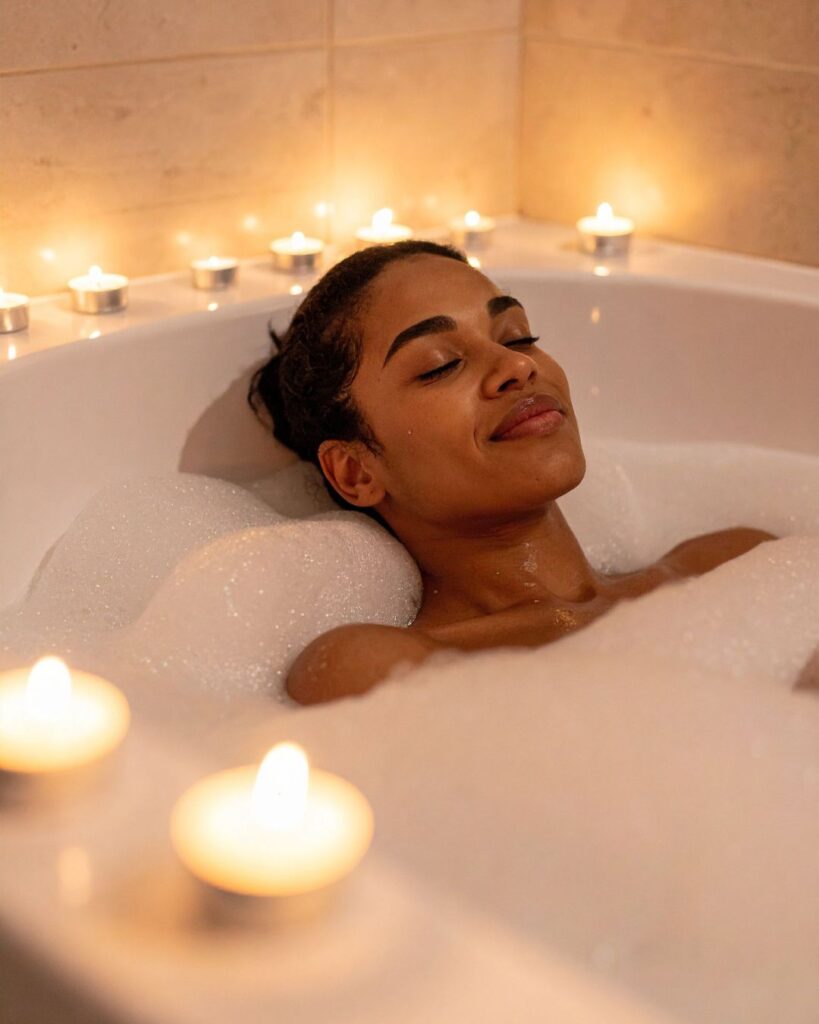 A woman relaxes in a bubble bath surrounded by softly glowing candles, eyes closed and face calm, enjoying a peaceful moment of rest and self-care.