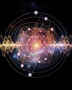 Abstract visual of atomic particles and energy waves symbolizing quantum healing and the flow of energy in the universe.