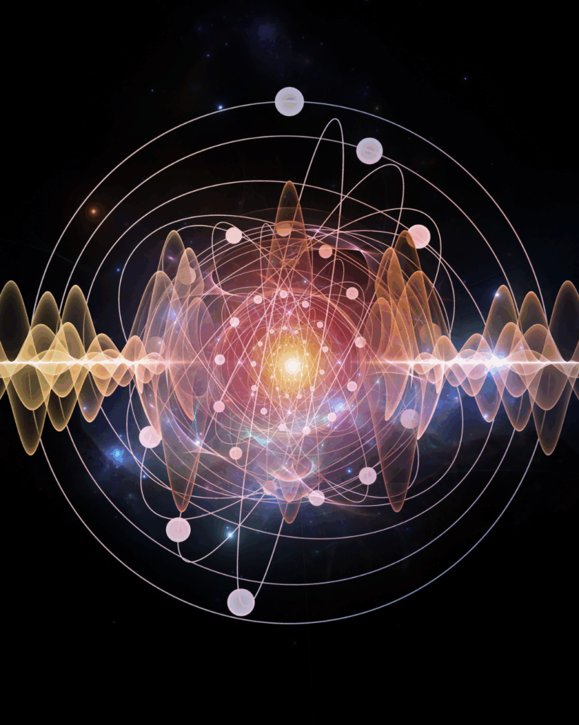 Abstract visual of atomic particles and energy waves symbolizing quantum healing and the flow of energy in the universe.
